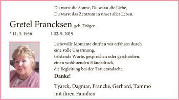 Traueranzeige von Gretel Francksen von SYK