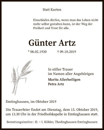 Traueranzeige von Günter Artz von SYK