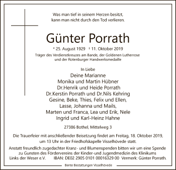 Traueranzeige von Günter Porrath von SYK