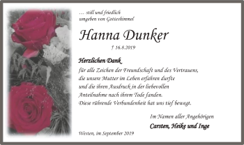 Traueranzeige von Hanna Dunker von SYK