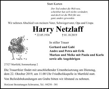 Traueranzeige von Harry Netzlaff von SYK