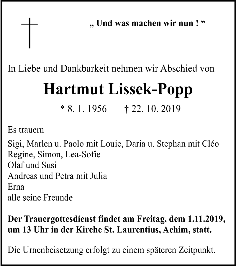 Traueranzeigen Von Hartmut Lissek Popp Trauer Kreiszeitung De