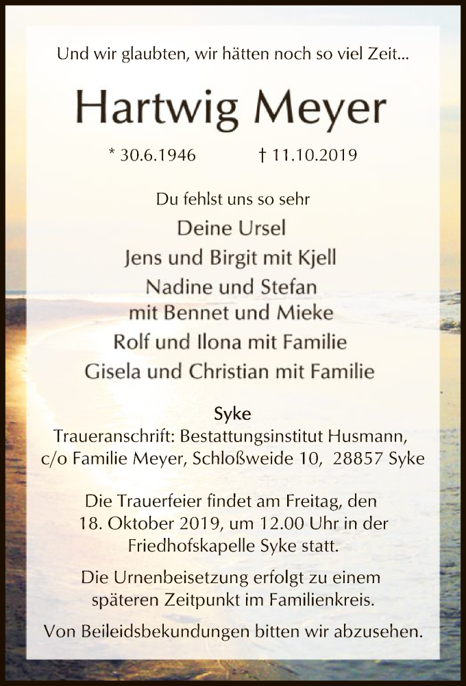  Traueranzeige für Hartwig Meyer vom 16.10.2019 aus SYK