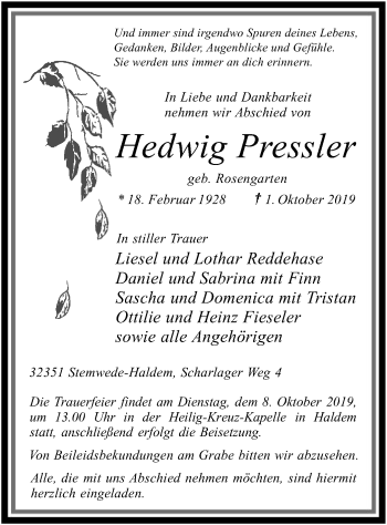 Traueranzeige von Hedwig Pressler von SYK