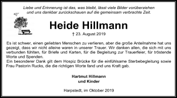 Traueranzeige von Heide Hillmann von SYK