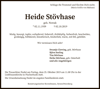 Traueranzeige von Heide Stövhase von SYK