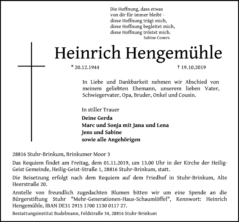  Traueranzeige für Heinrich Hengemühle vom 26.10.2019 aus SYK