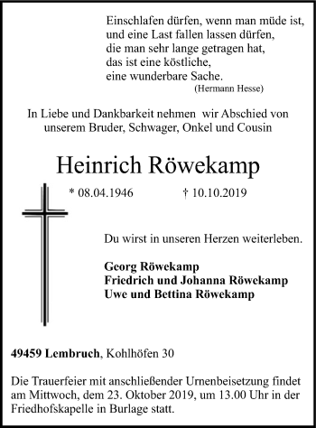 Traueranzeige von Heinrich Röwekamp von SYK