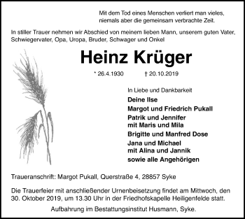 Traueranzeige von Heinz Krüger von SYK