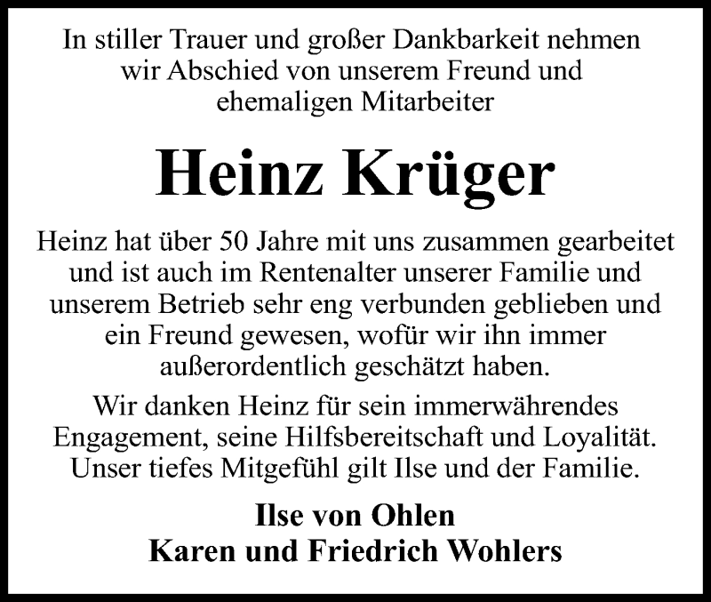  Traueranzeige für Heinz Krüger vom 23.10.2019 aus SYK