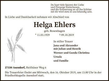 Traueranzeige von Helga Ehlers von SYK