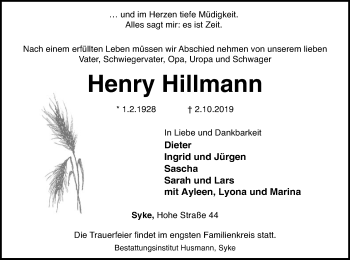 Traueranzeige von Henry Hillmann