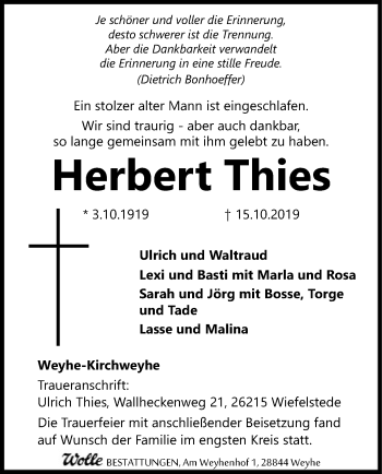 Traueranzeige von Herbert Thies von SYK