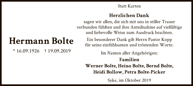  Traueranzeige für Hermann Bolte vom 26.10.2019 aus SYK