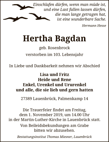 Traueranzeige von Hertha Bagdan von SYK