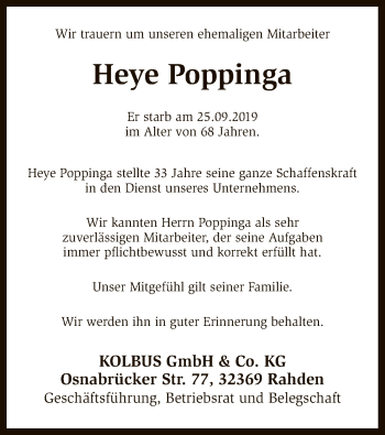 Traueranzeige von Heye Poppinga von SYK