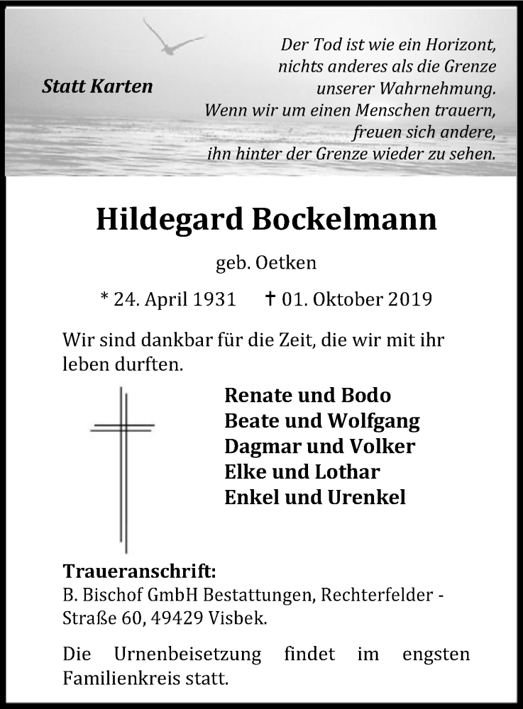  Traueranzeige für Hildegard Bockelmann vom 10.10.2019 aus SYK