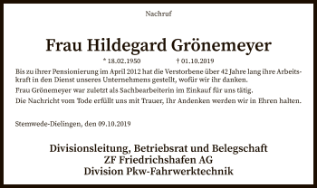 Traueranzeige von Hildegard Grönemeyer von SYK