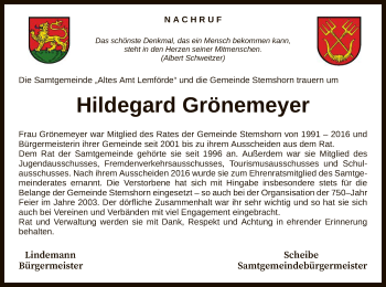 Traueranzeige von Hildegard Grönemeyer von SYK