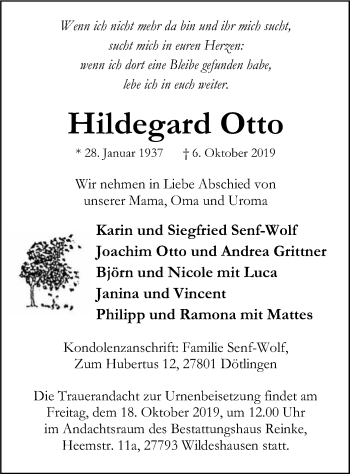 Traueranzeige von Hildegard Otto von SYK