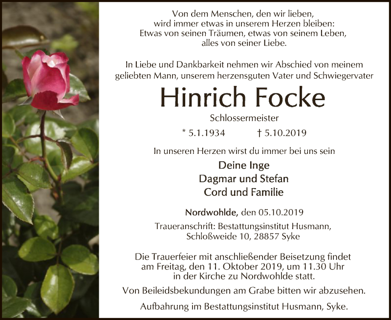  Traueranzeige für Hinrich Focke vom 08.10.2019 aus SYK