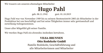 Traueranzeige von Hugo Pahl von SYK