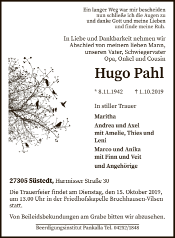 Traueranzeige von Hugo Pahl von SYK