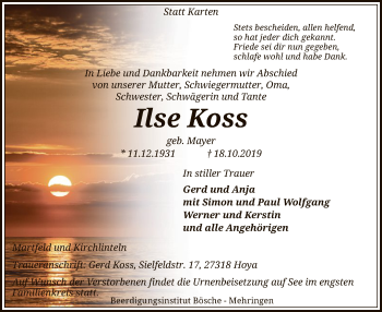 Traueranzeige von Ilse Koss von SYK