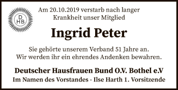 Traueranzeige von Ingrid Peter von SYK