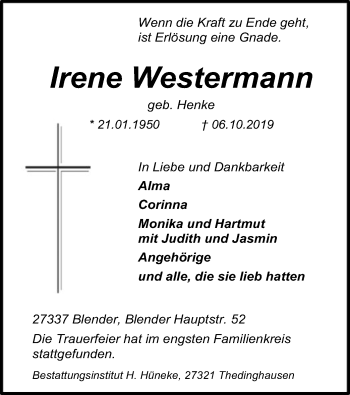 Traueranzeige von Irene Westermann von SYK