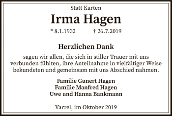 Traueranzeige von Irma Hagen von SYK