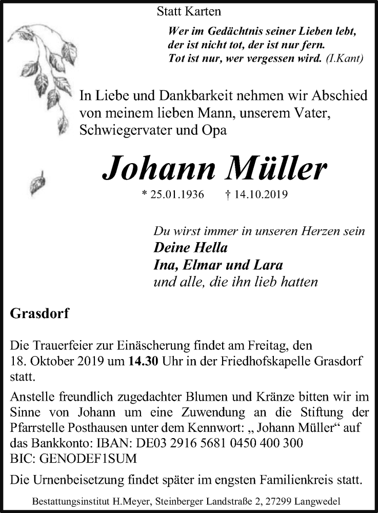  Traueranzeige für Johann Müller vom 16.10.2019 aus SYK