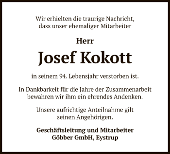 Traueranzeige von Josef Kokott von SYK