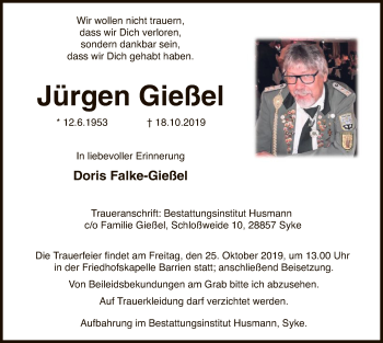 Traueranzeige von Jürgen Gießel von SYK