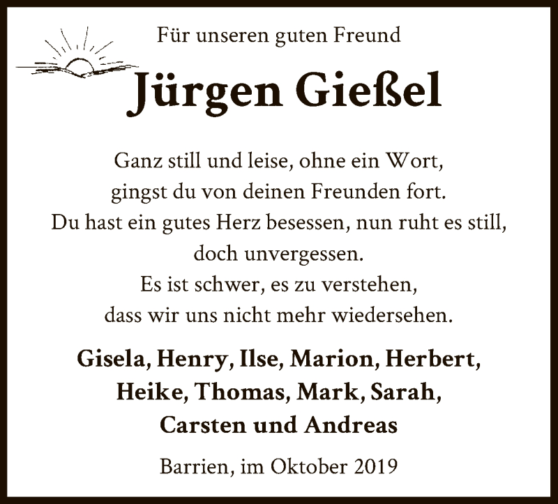  Traueranzeige für Jürgen Gießel vom 22.10.2019 aus SYK