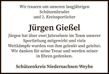 Traueranzeige von Jürgen Gießel von SYK