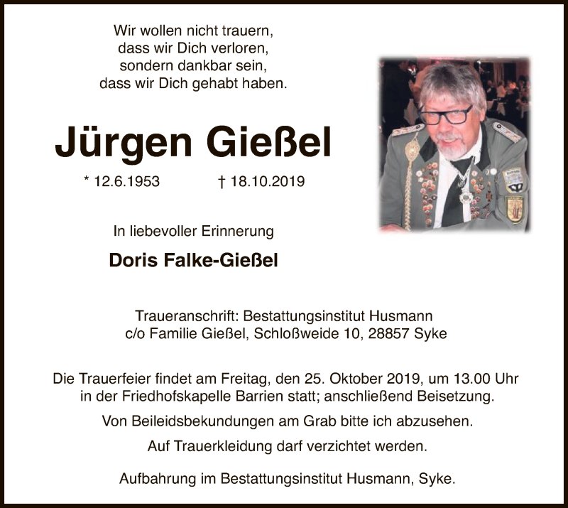  Traueranzeige für Jürgen Gießel vom 22.10.2019 aus SYK