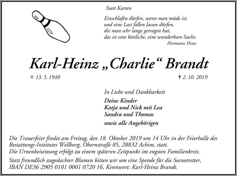  Traueranzeige für Karl-Heinz Brandt vom 12.10.2019 aus SYK