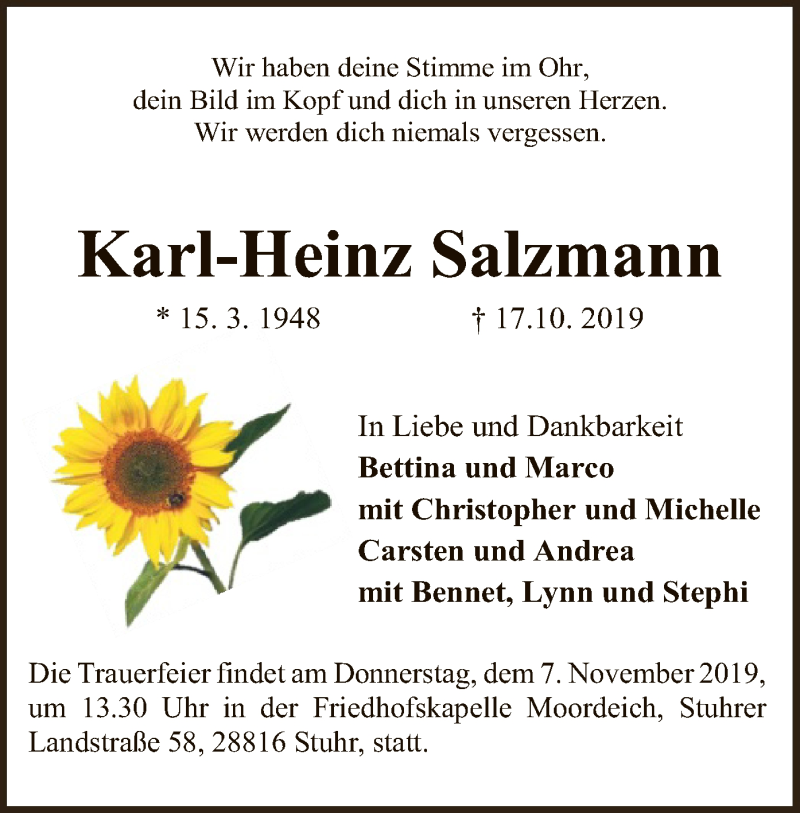  Traueranzeige für Karl-Heinz Salzmann vom 26.10.2019 aus SYK