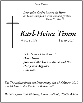 Traueranzeige von Karl-Heinz Timm von SYK