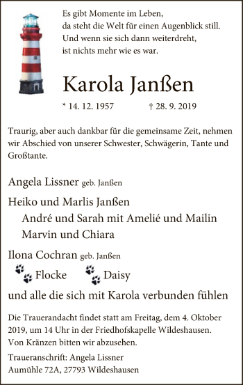 Traueranzeige von Karola Janßen von SYK