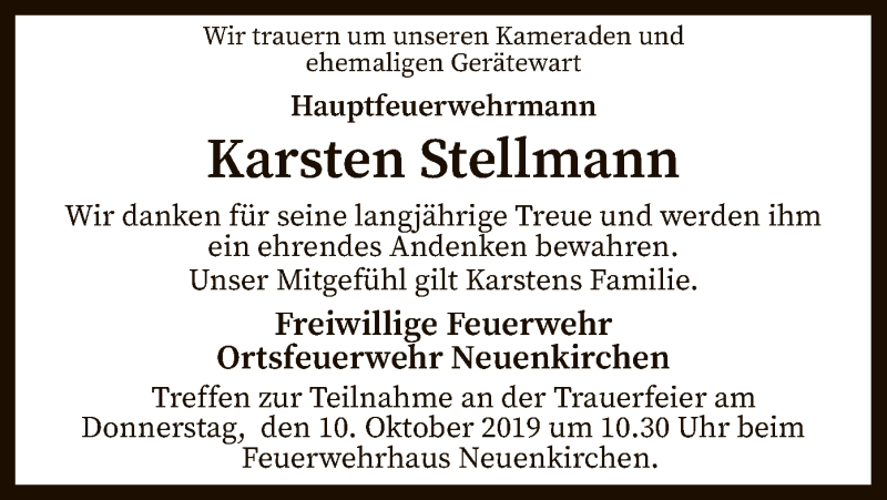  Traueranzeige für Karsten Stellmann vom 08.10.2019 aus SYK