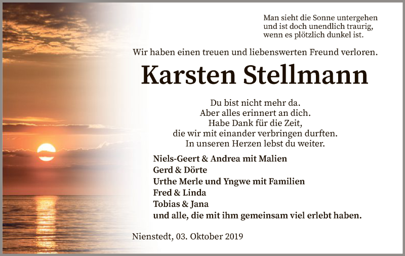  Traueranzeige für Karsten Stellmann vom 08.10.2019 aus SYK