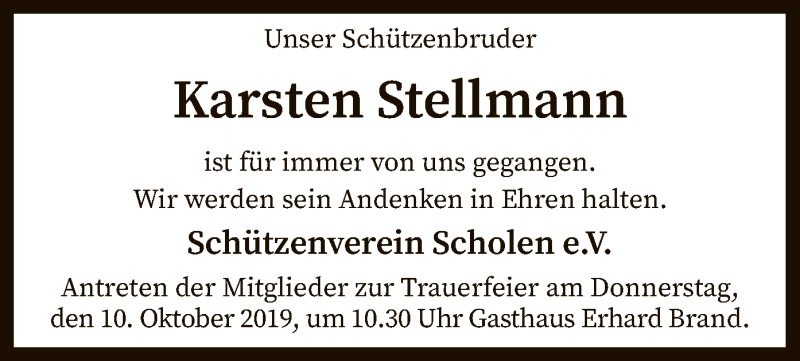  Traueranzeige für Karsten Stellmann vom 10.10.2019 aus SYK