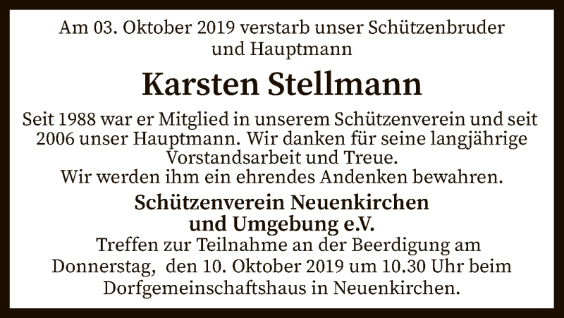  Traueranzeige für Karsten Stellmann vom 09.10.2019 aus SYK