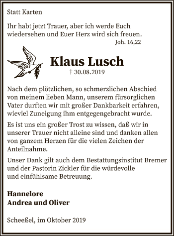 Traueranzeige von Klaus Lusch von SYK