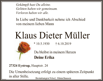 Traueranzeige von Klaus Dieter Müller von SYK