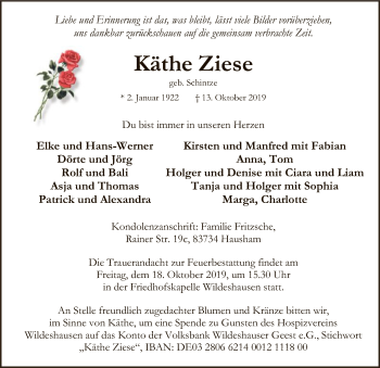 Traueranzeige von Käthe Ziese von SYK