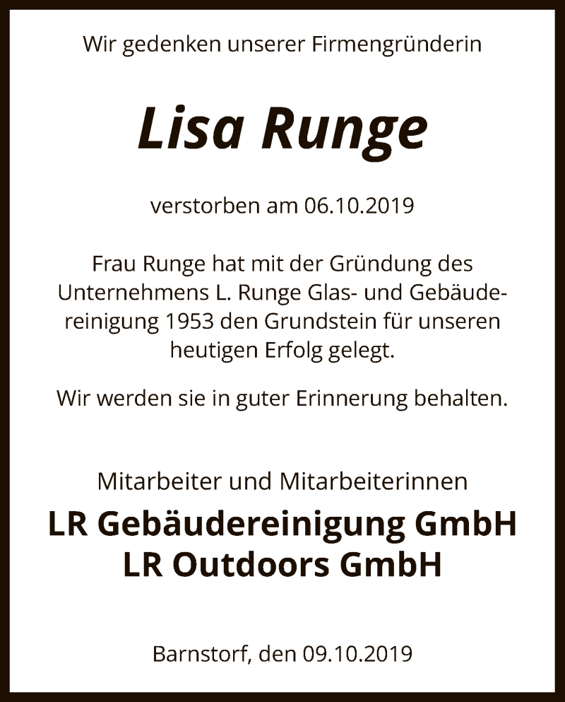  Traueranzeige für Lisa Runge vom 09.10.2019 aus SYK