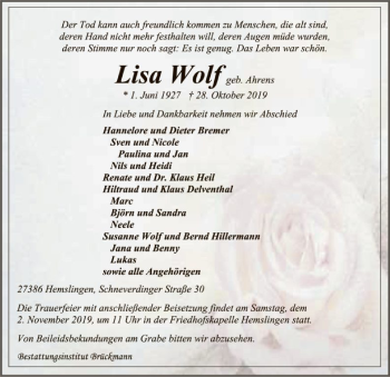 Traueranzeige von Lisa Wolf von SYK